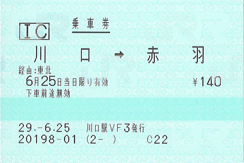 川口駅から赤羽駅ゆき普通乗車券